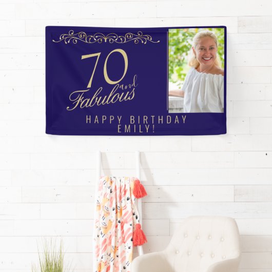Elegante blauwe 70 en fantastische verjaardagsfoto spandoek (Insitu)