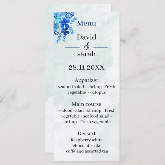 Elegante blauwe aangepaste bruiloft menu (Voorkant / Achterkant)