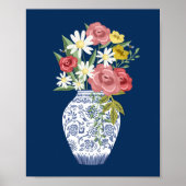 Elegante blauwe aardewerk vaas en bloeiende bloeme poster (Voorkant)
