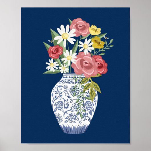 Elegante blauwe aardewerk vaas en bloeiende bloeme poster (Voorkant)