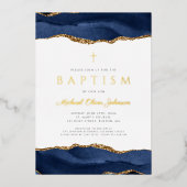 Elegante Blauwe Agaat Jongen Doop Goud Folie Uitnodiging (Voorkant)