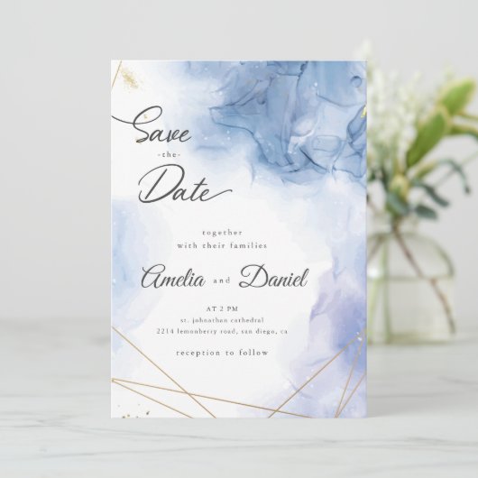 Elegante Blauwe Agate Huwelijk Save the Date Kaart (Staand voorkant)