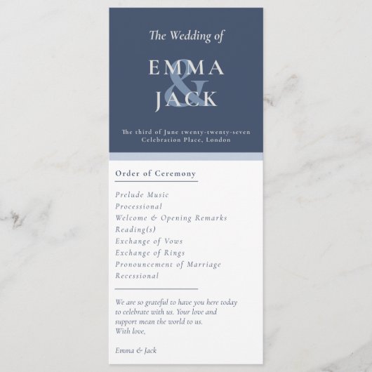 Elegante blauwe ampers en namen trouwprogramma kaa programmakaart (Voorkant)