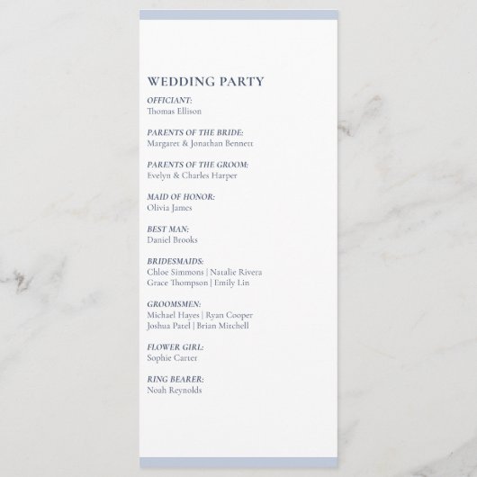 Elegante blauwe ampers en namen trouwprogramma kaa programmakaart (Achterkant)