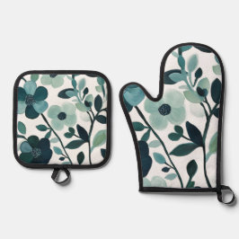 Elegante blauwe Aqua Floral Keuken Oven Mitt Set