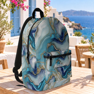 Elegante blauwe aqua marmeren kunst nep glitters bedrukte rugzak