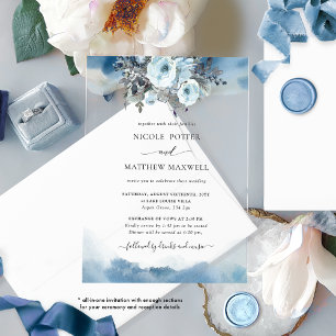 Elegante Blauwe Aquarel Bloemige All-in-One Trouwk Acryl Uitnodigingen