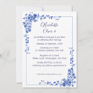 Elegante blauwe aquarel bloemige trouwkaarten kaart