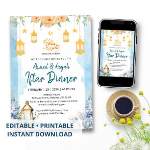 Elegante Blauwe Aquarel Bloemrijke Ramadan Iftar Kaart