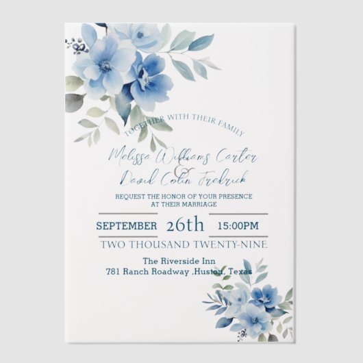 Elegante Blauwe Aquarel Botanische Bloemige Bruilo Vellum Uitnodigingen (Voorkant)
