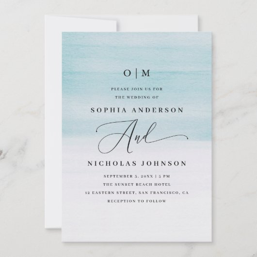 Elegante Blauwe Aquarel Bruiloft | Zeevaart Script Kaart (Voorkant)