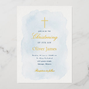 Elegante Blauwe Aquarel Goud Folie Doopfeest Uitnodiging