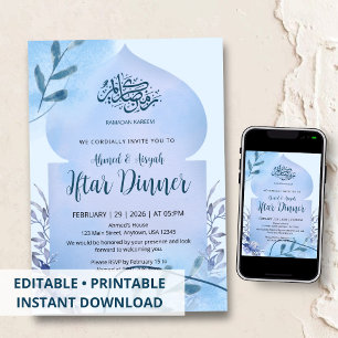 Elegante Blauwe Aquarel Islamitisch Iftar-diner Kaart
