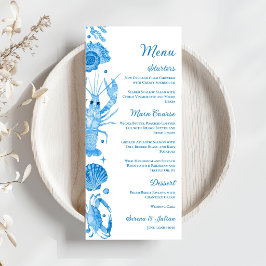 Elegante Blauwe Aquarel Kust Zeevruchten Bruiloft Menu