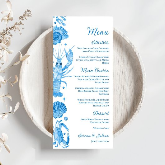 Elegante Blauwe Aquarel Kust Zeevruchten Bruiloft Menu