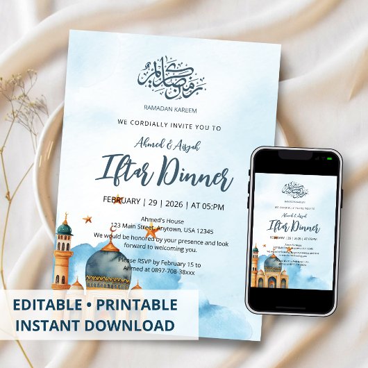 Elegante Blauwe Aquarel Moskee Ramadan Iftar Kaart