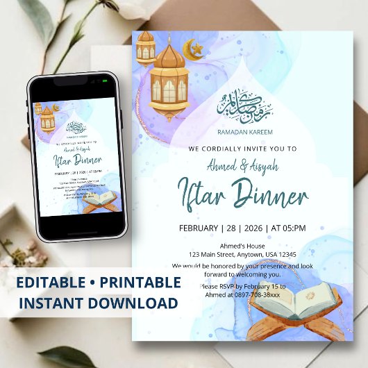 Elegante Blauwe Aquarel Ramadan Iftar-diner Kaart