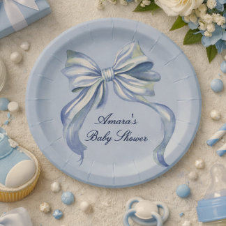 Elegante Blauwe Aquarel Strik Jongens Baby Shower Papieren Bordje