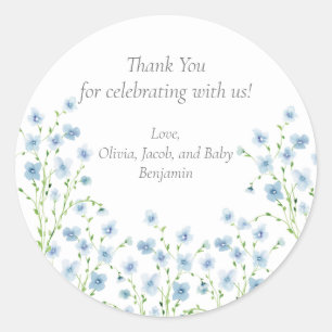 Elegante Blauwe Aquarel Wilde Bloem Baby Shower Ronde Sticker