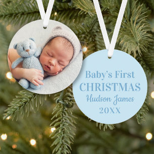 Elegante blauwe baby jongen eerste kerst foto ornament
