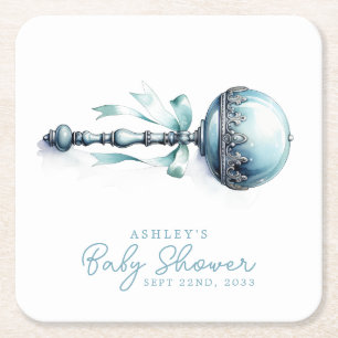 Elegante Blauwe Baby Rammelaar Jongen Baby Shower Kartonnen Onderzetters