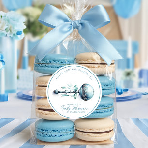 Elegante Blauwe Baby Rammelaar Jongen Baby Shower  Ronde Sticker