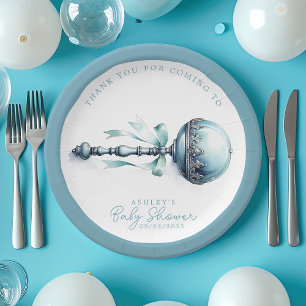 Elegante Blauwe Baby Rammelaar Jongen Babyfeestje Papieren Bordje