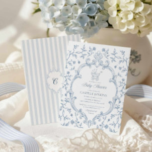 Elegante blauwe baby shower-uitnodiging met crest kaart
