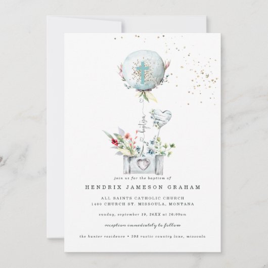 Elegante Blauwe Ballon doop uitnodiging (Voorkant)