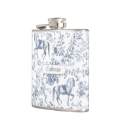 Elegante Blauwe Beige Equestrian Floral Toile Naam Heupfles (Links)