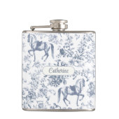 Elegante Blauwe Beige Equestrian Floral Toile Naam Heupfles (Voorkant)