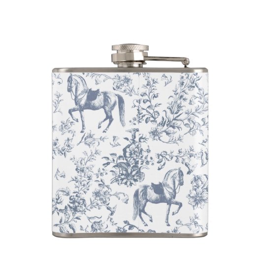 Elegante Blauwe Beige Equestrian Floral Toile Naam Heupfles (Achterkant)