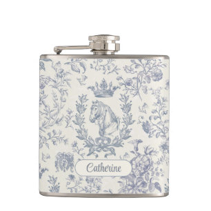 Elegante Blauwe Beige Equestrian Floral Toile Naam Heupfles