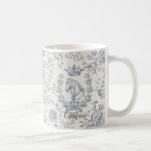 Elegante Blauwe Beige Equestrian Floral Toile Naam Koffiemok