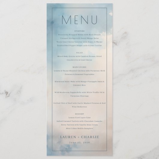 Elegante Blauwe Bewolkte Luchtmenu Menu (Voorkant)