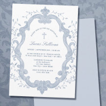 Elegante Blauwe Blad Crest Doop Uitnodiging