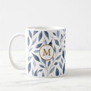 Elegante blauwe blad monogram mok met gouden initi