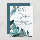 Elegante Blauwe Bladeren Script Trouw Uitnodiging (Voorkant / Achterkant)
