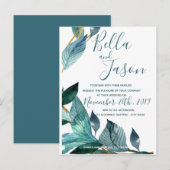 Elegante Blauwe Bladeren Script Trouw Uitnodiging Briefkaart (Voorkant / Achterkant)