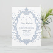 Elegante Blauwe Bladgroen Crest doop uitnodiging (Staand voorkant)