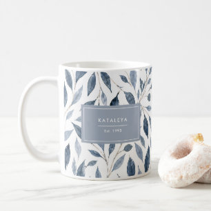 Elegante blauwe bladmok met eigen naam koffiemok