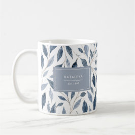 Elegante blauwe bladmok met eigen naam koffiemok