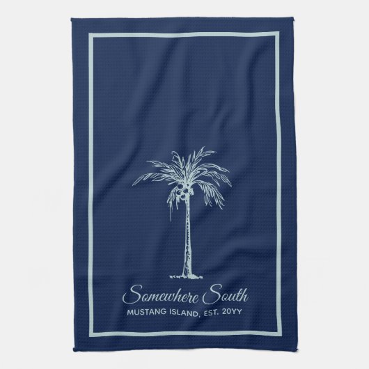 Elegante Blauwe Bleek Teal Palmboom Persoonlijk Theedoek (Verticaal)