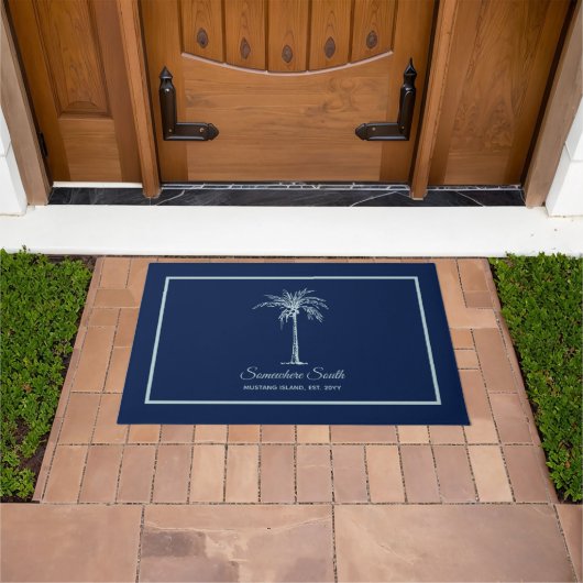 Elegante Blauwe Bleek Turquoise Palmboom Persoonli Deurmat (Buiten)