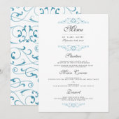 Elegante Blauwe Bloeiende Trouwdiner Menu (Voorkant / Achterkant)