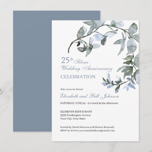 Elegante Blauwe Bloem 25e Huwelijksverjaardag Kaart (Voorkant / Achterkant)