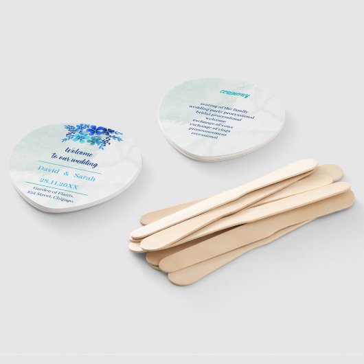 Elegante blauwe bloem aangepaste bruiloft programm handwaaier (Niet-gemonteerd)