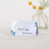 Elegante Blauwe Bloem Aangepaste Trouwtafel Plaatskaartje (Achterkant)