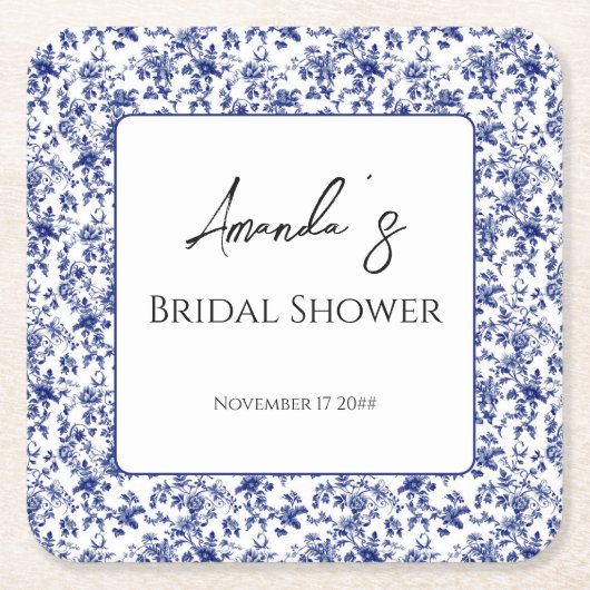 Elegante blauwe bloem bruidsdouche in toile-stijl kartonnen onderzetters (Voorkant)