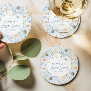 Elegante blauwe bloem bruidsshower drank coaster kartonnen onderzetters